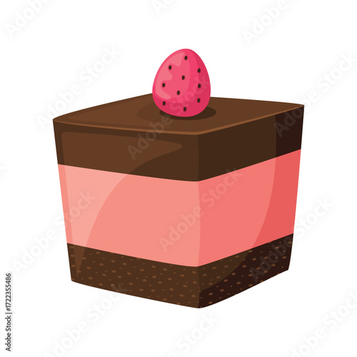 Chocolate cake layered with pink frosting topped with a strawberry