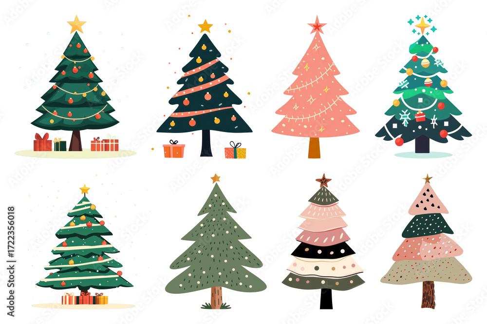 Obraz premium PNG Colorful Christmas tree illustrations, element set on transparent background