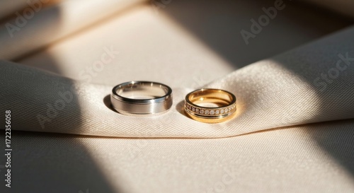 Two wedding bands, one silver, one gold, rest on a cream-colored silk fabric,  illuminated by sunlight