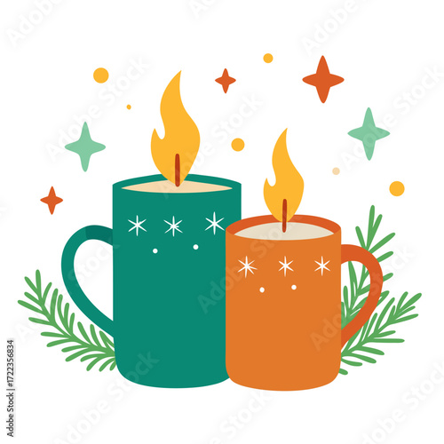Festive Christmas candle mugs with evergreen branches and starry accents vector on white background.
