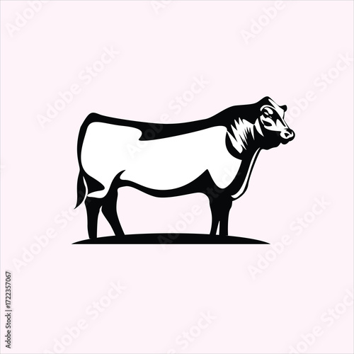 Vector art of black and white illustration of a bull standing on a light pink background
