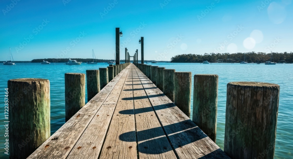 Fototapeta premium Wooden pier extending into a tranquil bay