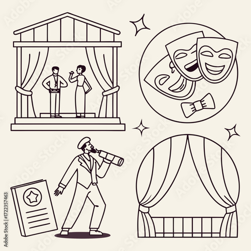 “Minimal outline theater icons — stage, spotlight, curtain, comedy mask, tragedy mask, actor, ballet dancer, opera glasses, tickets, orchestra pit — thin stroke vector.”