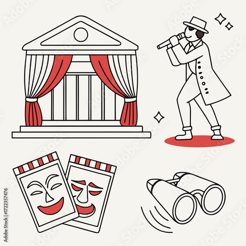 “Minimal outline theater icons — stage, spotlight, curtain, comedy mask, tragedy mask, actor, ballet dancer, opera glasses, tickets, orchestra pit — thin stroke vector.”