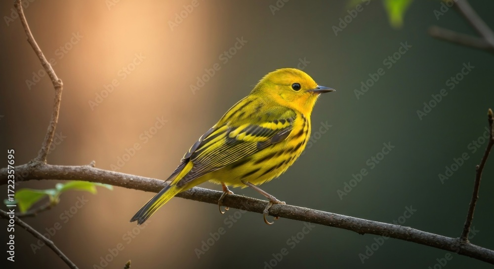 Fototapeta premium Yellow bird perched on a branch. Soft light bathes the bird