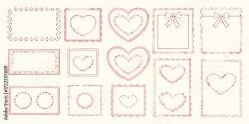 Collection of hand drawn pink heart and scalloped edge frames and borders for design
