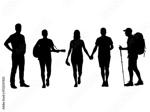 Set of black vector silhouettes featuring a diverse group of people walking, hiking, and playing guitar