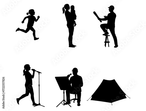 Set of Silhouettes Illustrating Various Activities and Objects - Running Child, Mother Holding Baby, Man with Bat, Singer, Musician, and Tent