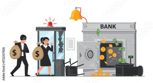 Bank Robbery Depicted with Alarm Stolen Money and Frightened Employee.
