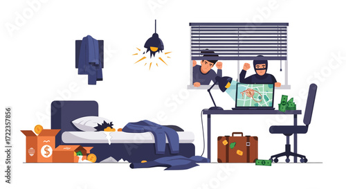 Burglar Duo Planning Heist with Laptop and Lookout in Messy Room.