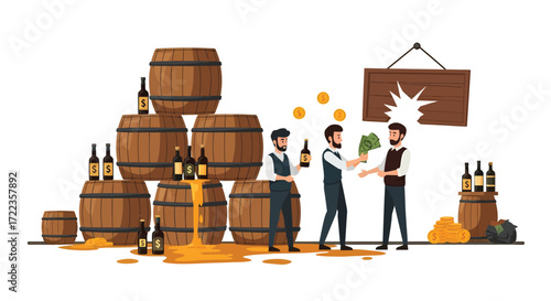 Wine Barter Barrels Bottles and a Financial Transaction with Currency.