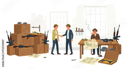 Two Men Shaking Hands in Warehouse with Weapons and Maps Third Man Smoking.