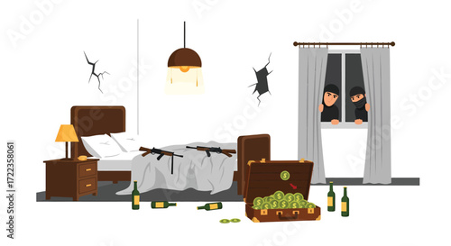 Burglary Scene Depicting Robbers Weapons Money and Alcohol in a Bedroom.