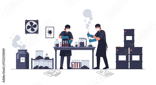 Two masked scientists working with beakers and test tubes in a laboratory setting.