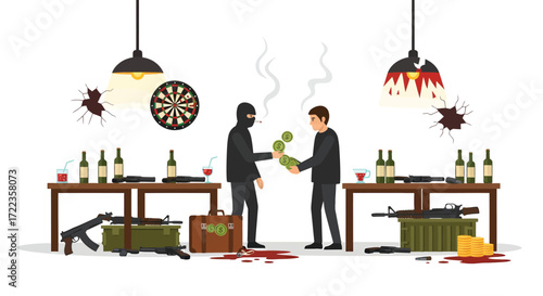 Masked Gunman Exchanging Money Amidst Blood and Weapons.