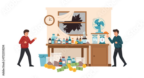 Two Men Confronting Each Other Amidst a Chaotic ChemicalFilled Laboratory Scene.
