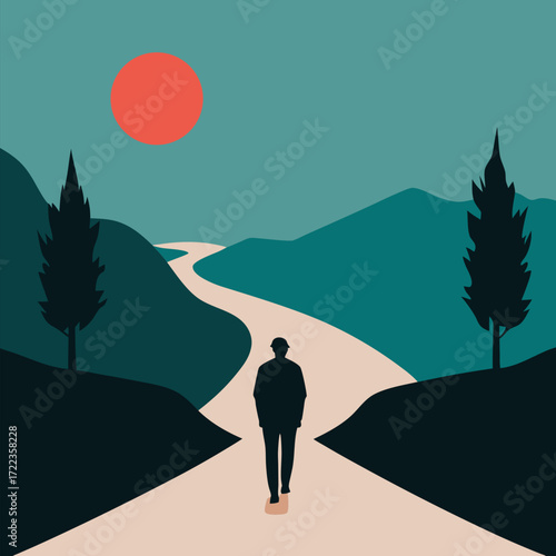 Person walking towards the horizon vector landscape background.