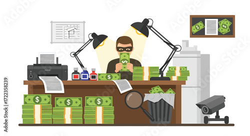 Cartoon Thief Hiding Behind Dollar Bill Stacks Under Desk Lamps with Security Camera.
