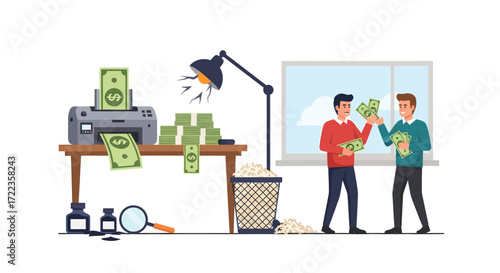 Counterfeit Cash Operation Two Men Sharing Illegally Printed Money.