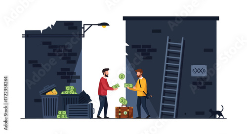 Street Deal in a Desolate Alleyway Money Exchange Between Two Men.