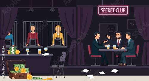 Secret Club Scene Depicting Wealth Deception and Hidden Transactions.