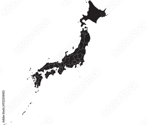 Map of Japan, Black Silhouette with Regions