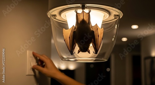 A hand reaches for a light switch while a bat hangs upside down inside a glass ceiling light fixture, creating a humorous and unexpected nocturnal wildlife encounter indoors.