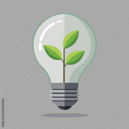 Light bulb with three leaf green sprout inside on gray background