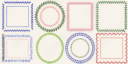 Collection of eight decorative hand drawn frames and borders in various shapes and colors