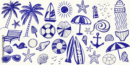 Collection of hand drawn blue beach and summer vacation icons and elements on a white background