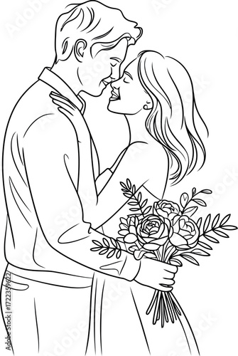 A couple embraces in a tender moment, with the woman holding a bouquet of flowers.