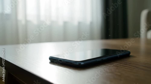 Slow Motion Smartphone Vibrating On Wooden Coffee Table In Sunlight