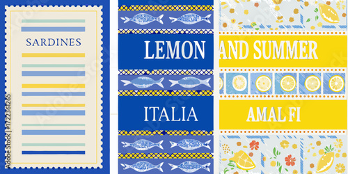 Italian coastal summer theme with sardines lemons and amalfi coast motifs in blue and yellow
