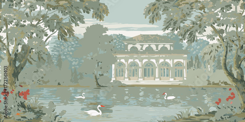 Serene park landscape with a classical building and swans swimming in a tranquil lake