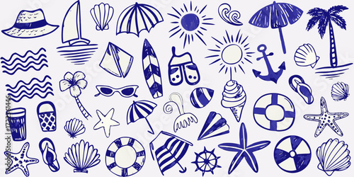 Collection of hand drawn blue ink summer vacation icons and symbols on a white background