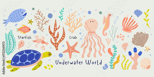 Cute hand drawn underwater world with sea creatures and ocean plants
