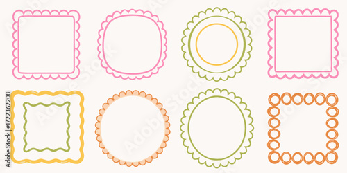 Collection of eight decorative hand drawn frames with scalloped edges in pastel colors