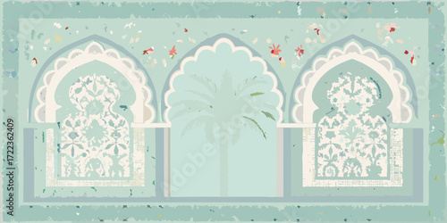 Ornate islamic arches with floral patterns and palm tree silhouette in soft teal and cream tones