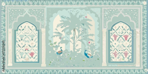 Mughal inspired garden scene with peacocks and palm trees framed by ornate arches and borders