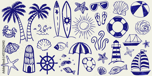 Collection of hand drawn blue ink summer beach vacation and nautical icons on a light background