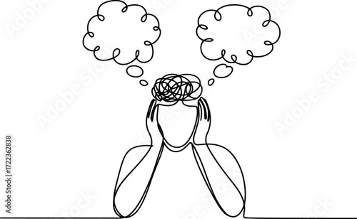 This continuous line art image shows a person holding their head, with a tangled mess of lines representing confused thoughts above their head, and two clear thought bubbles beside them. 