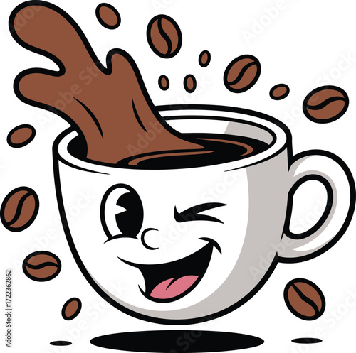 Cartoon Coffee Cup Mascot with Beans and Splash Illustration