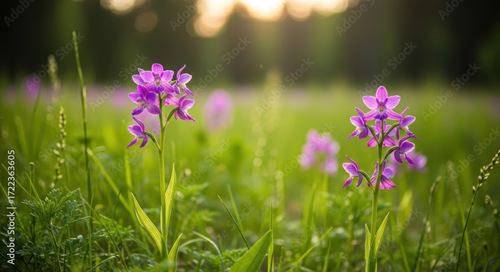 Fototapeta premium Vibrant wild purple orchids bloom in lush green meadow at sunrise, delicate petals glistening in morning light with soft blurred forest background brings tranquil natural beauty