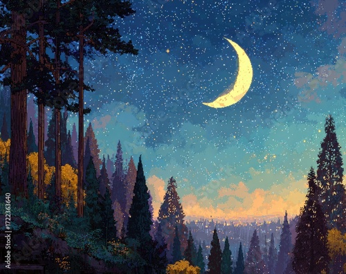 Pixel art forest scene at night with crescent moon
