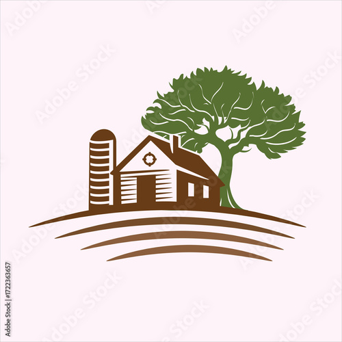Vector art of farmhouse and silo with a large tree on rolling hills