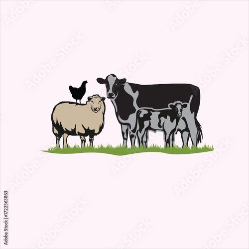 Vector art of farm animals including sheep, cow, calf, and chicken on grass