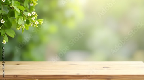 Showcase your product on this beautiful wooden surface with vibrant green floral background
