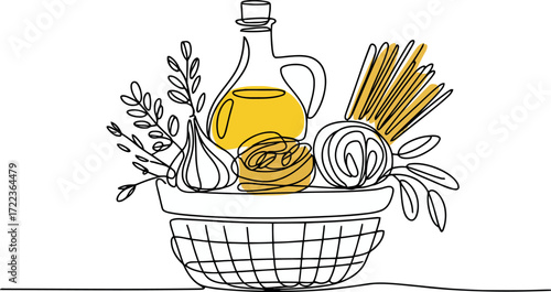  This artwork displays a basket filled with various Italian culinary ingredients, emphasizing a Mediterranean cooking theme