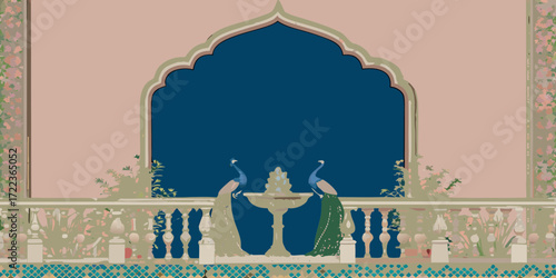 Two elegant peacocks stand near a fountain on a balcony with ornate railings and floral decorations