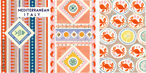Vibrant mediterranean italy patterns featuring fish crabs lemons and geometric designs
